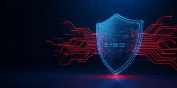 Digital shield protecting a network from red cyber threats, representing cybersecurity protection.