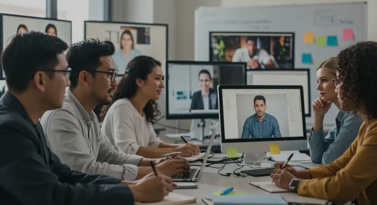 Diverse adults collaborating in an online learning session with multiple screens