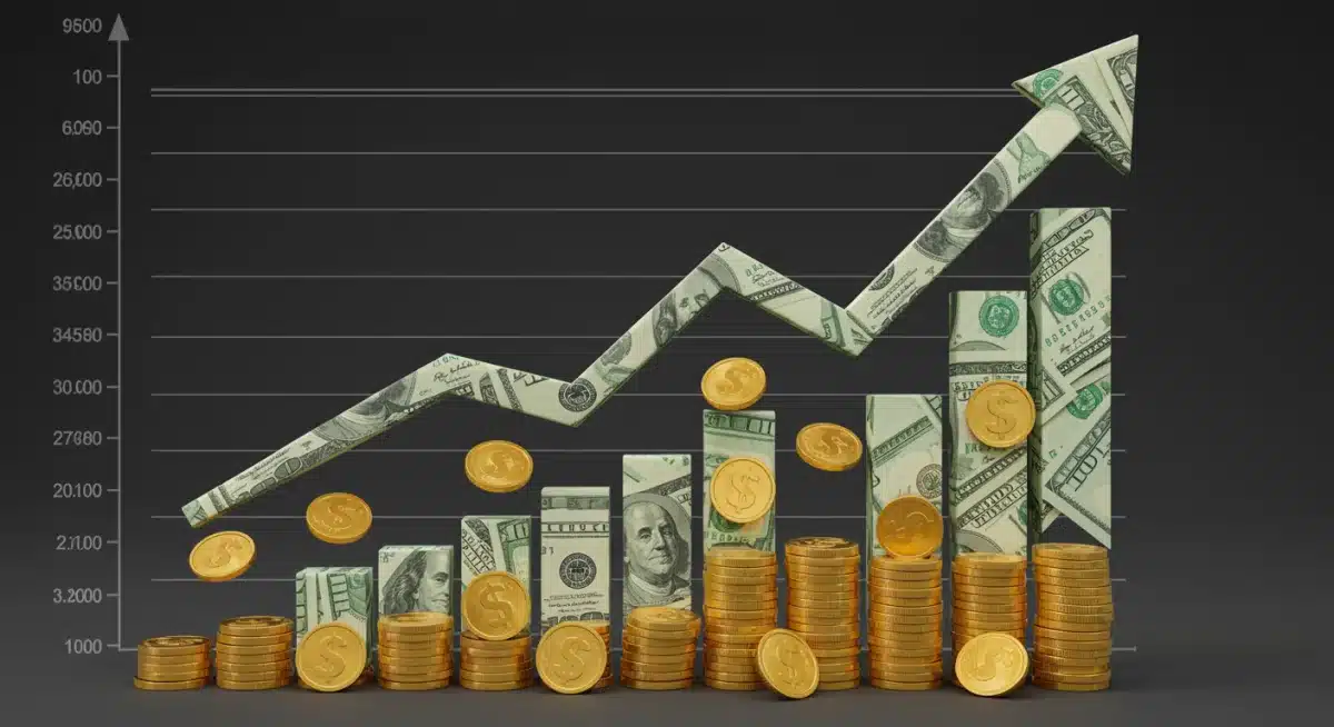 Upward trending financial graph with coins, symbolizing economic recovery and household aid
