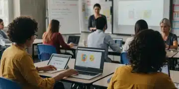 US educators collaborating on digital literacy standards in a modern classroom workshop.