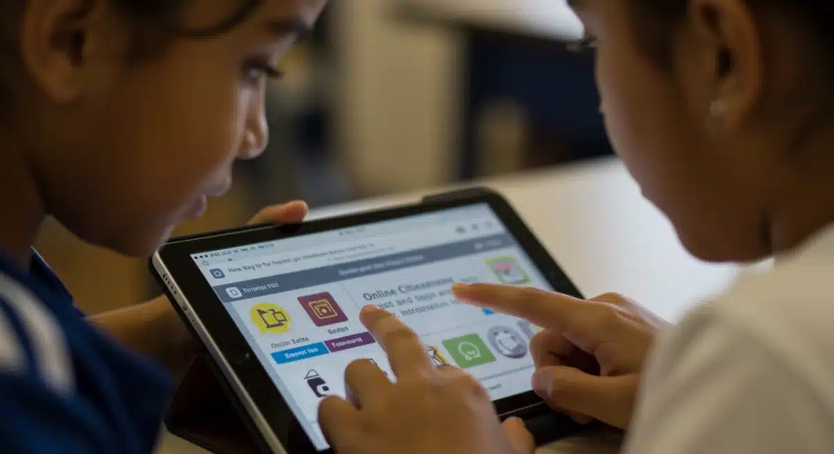 Student actively engaging with an educational app on a tablet, practicing digital citizenship.