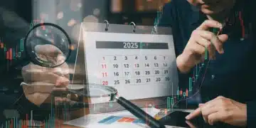 Financial chart with 2025 calendar overlay, magnifying glass, and person planning finances.