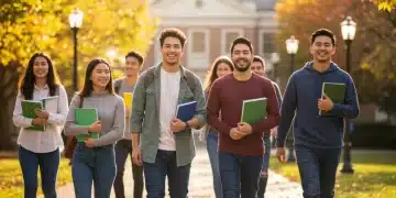 Students walking on a college campus with books, symbolizing academic success and scholarship opportunities.