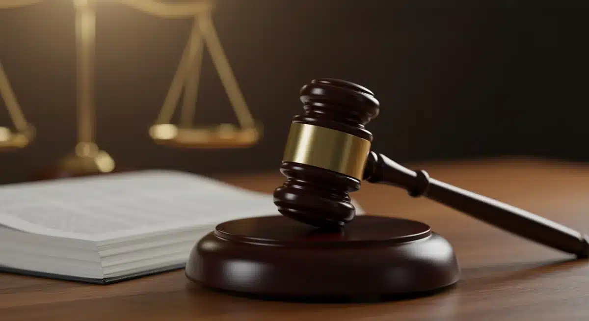 Gavel resting on law book in courtroom, symbolizing justice