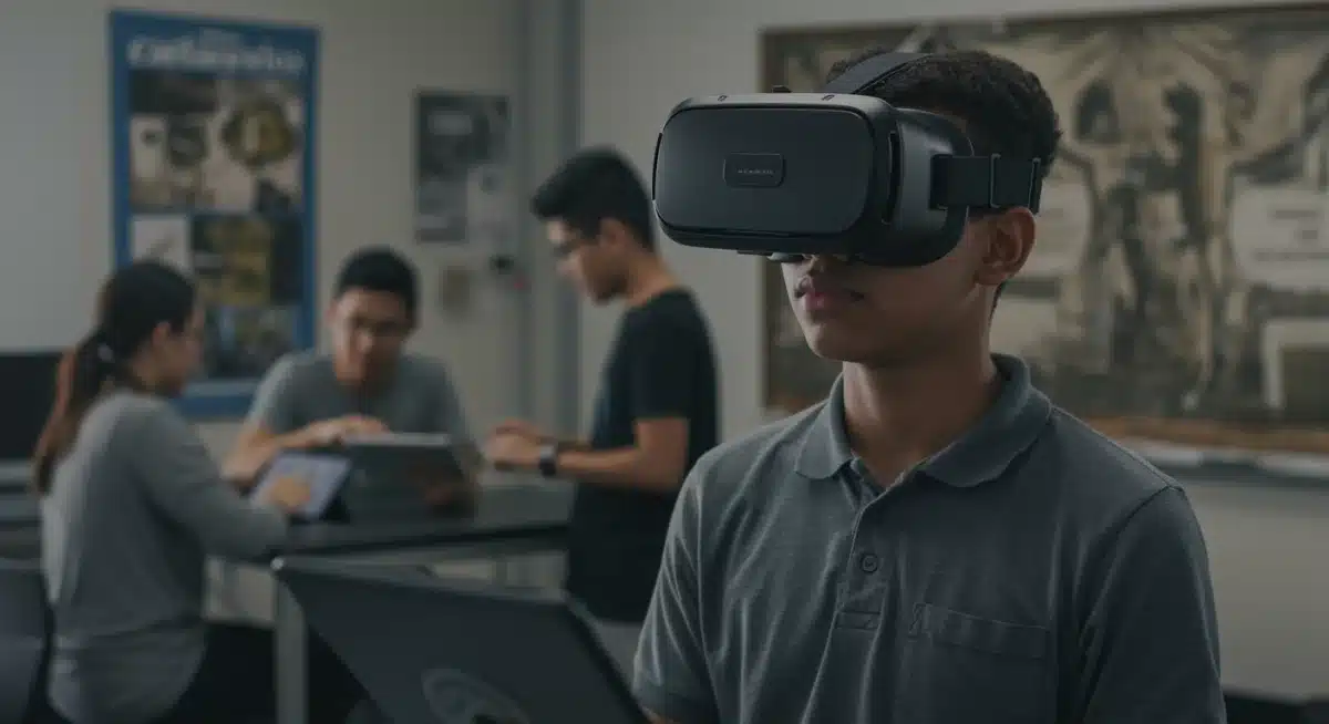 K-12 student using virtual reality for an immersive learning experience.