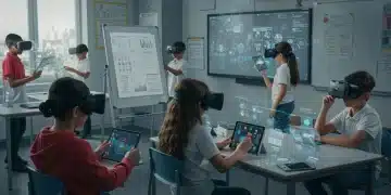 Students engaging with advanced educational technology in a modern K-12 classroom setting in the US.