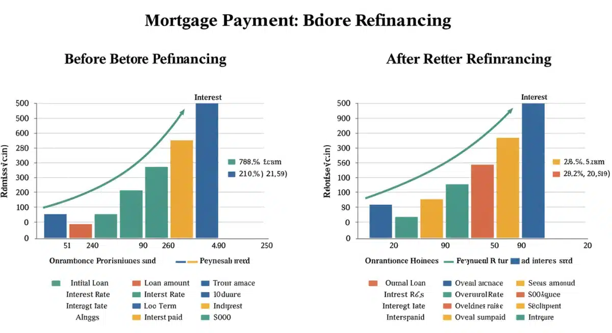 Comparison of mortgage payments before and after refinancing showing significant savings