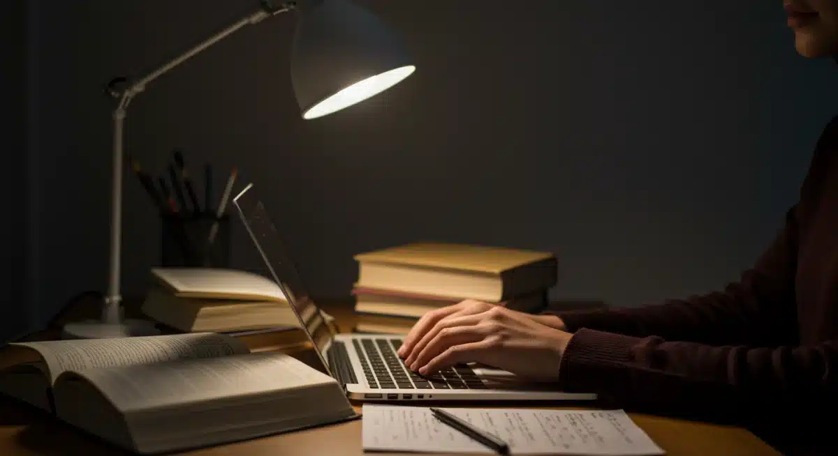 Student typing on a laptop, preparing scholarship applications and academic essays.