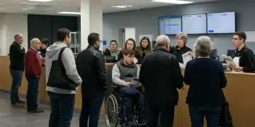 Diverse individuals understanding new 2026 disability benefit changes in a government office.