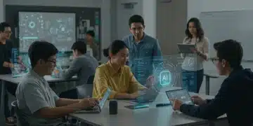 Students and educators engaging with AI in a futuristic classroom setting