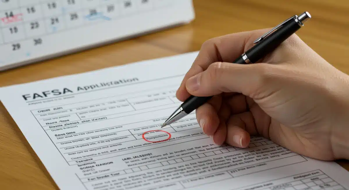 Hand with pen over FAFSA form, indicating careful review and application planning.