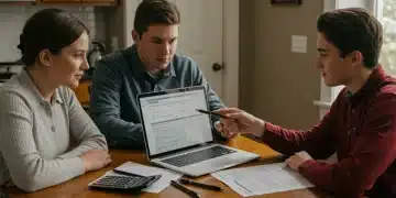 Family reviewing 2025 FAFSA forms on a laptop, discussing federal student aid options.
