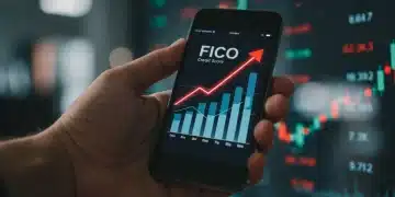 Hand holding smartphone with FICO score increase graph 2026