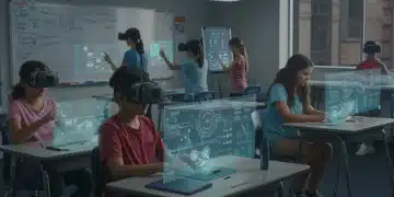 Students using EdTech in a futuristic US classroom