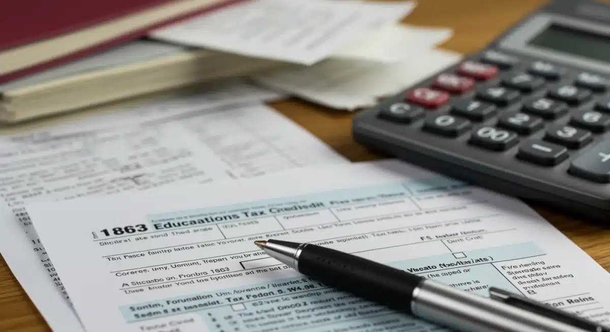 Close-up of a tax form with a pen, calculator, and receipts, symbolizing the preparation for claiming education tax credits.