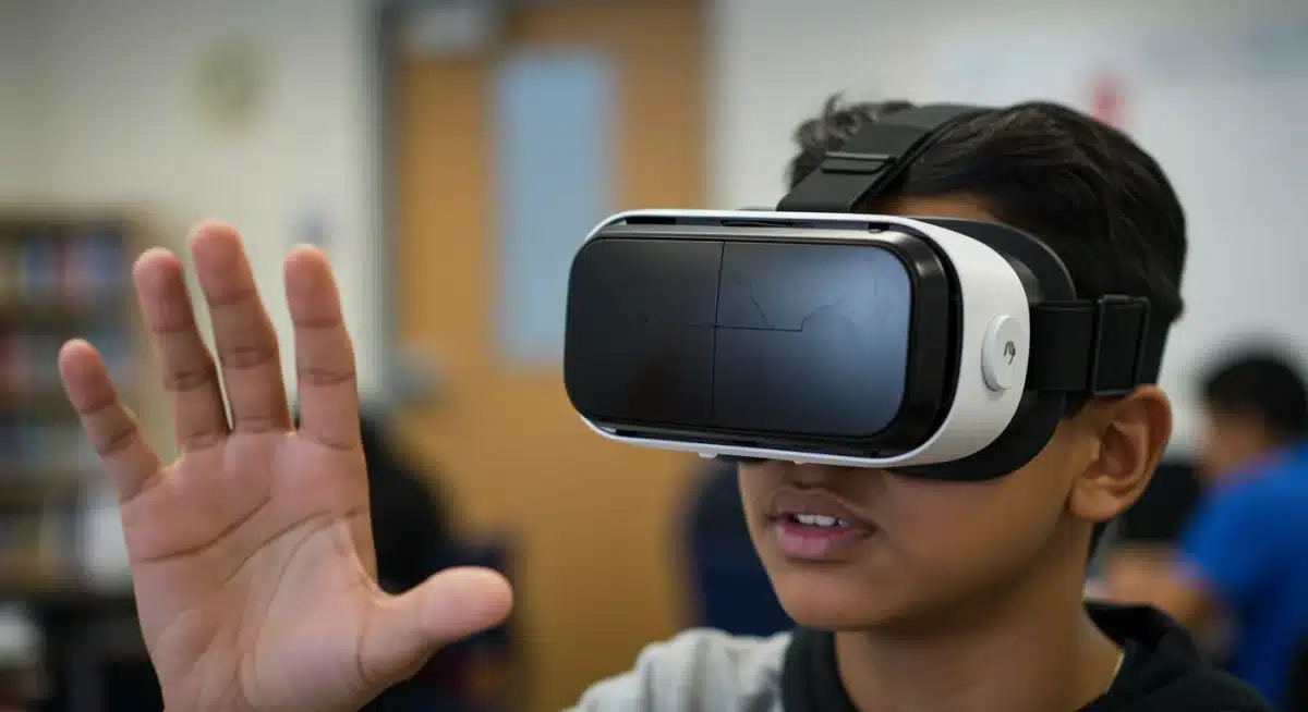 Student immersed in virtual reality learning