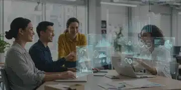 Employees smiling in a modern office, interacting with future tech, representing 2026 employee perks.