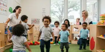 Happy children playing in a modern child care center in 2026, symbolizing new federal support.