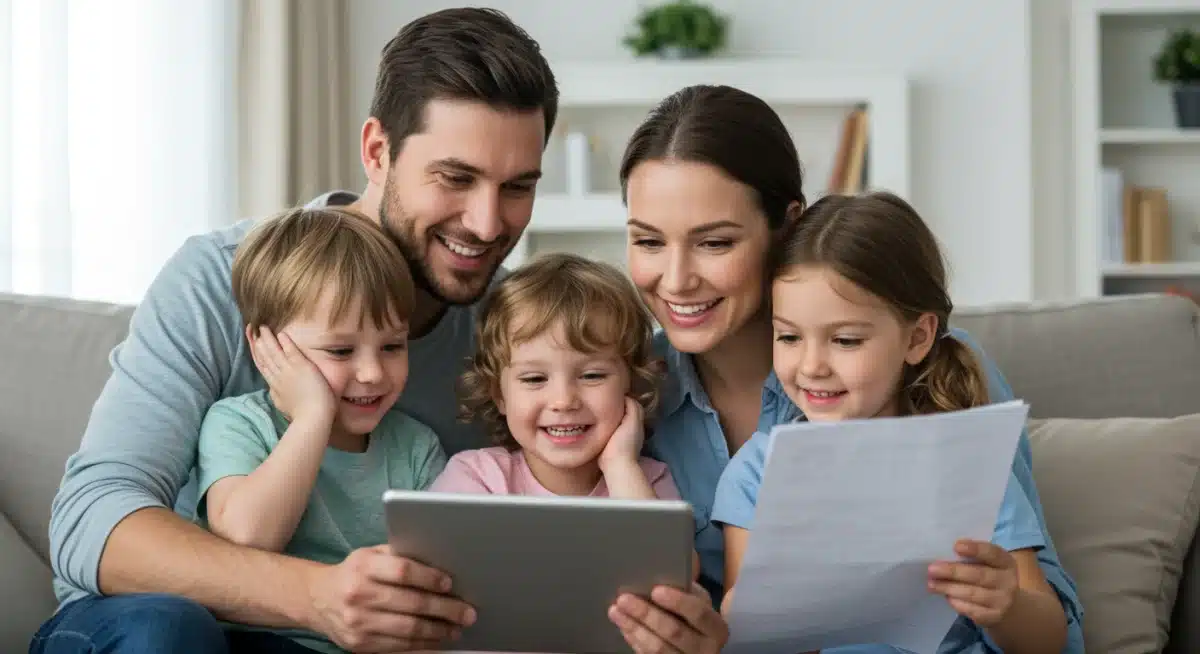 Family reviewing child care subsidy documents with smiles, indicating financial relief.