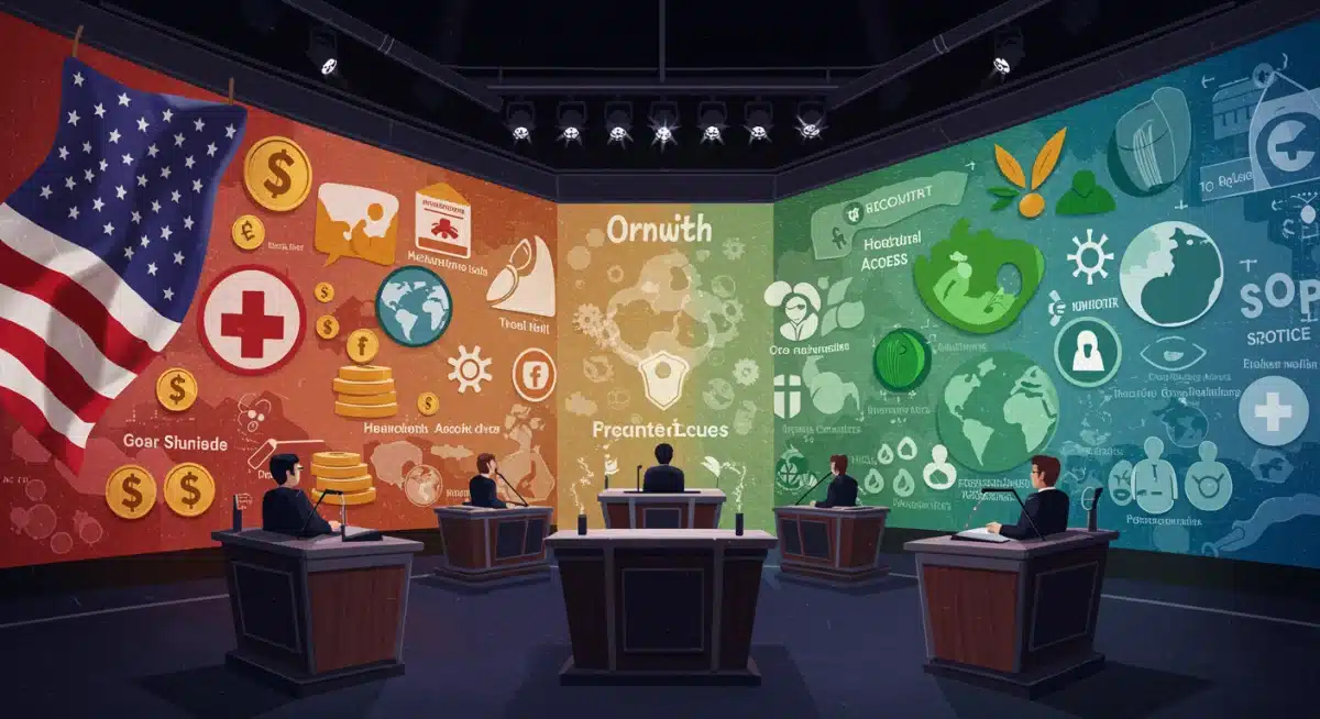 Collage of icons representing key national issues like economy, healthcare, and environment, relevant to the 2026 election.