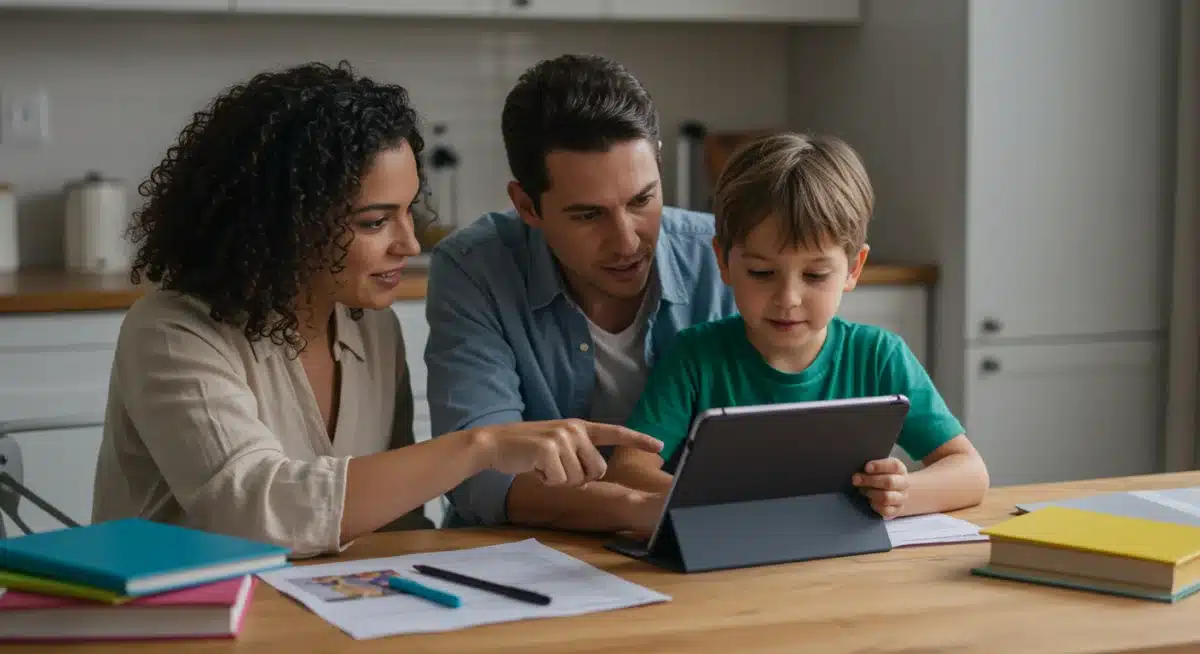 Parent and child reviewing digital learning material at home, reflecting new K-12 curriculum standards.