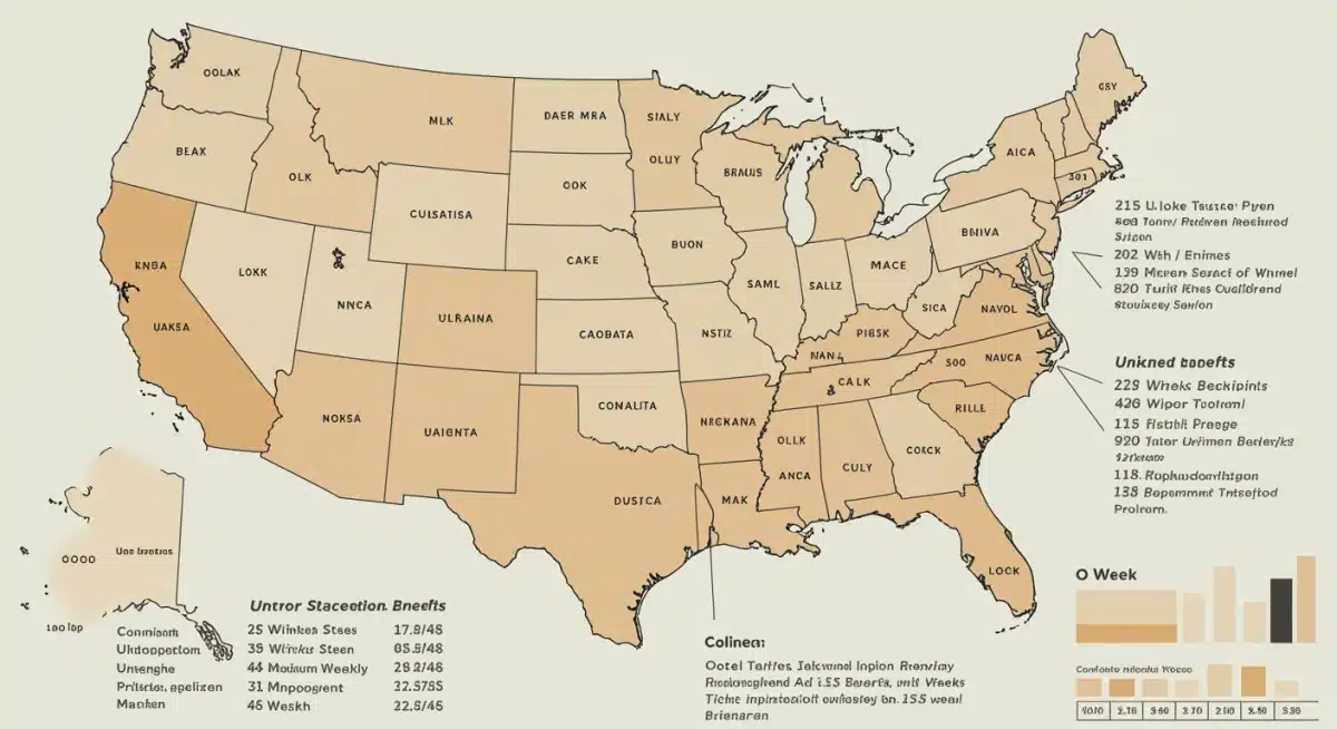 US map infographic comparing 2026 state unemployment benefit durations and amounts