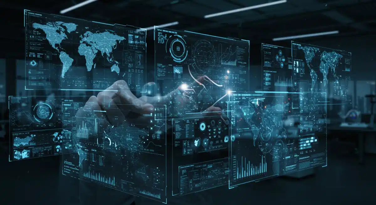 AI-human command center interface with data streams and holographic projections