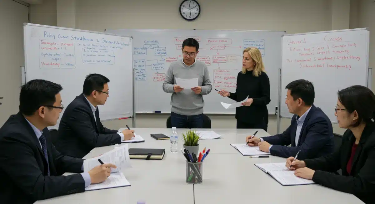 Educators strategizing implementation of new K-12 curriculum standards in a meeting.