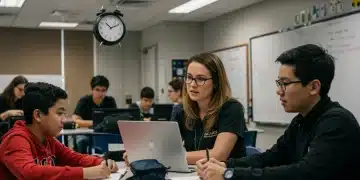 Modern classroom with diverse students and teachers engaging with technology, symbolizing K-12 curriculum reform.