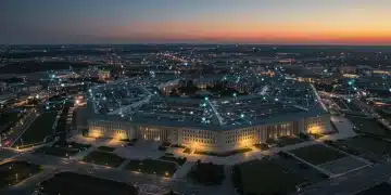 Futuristic Pentagon with glowing AI network, symbolizing advanced defense technology