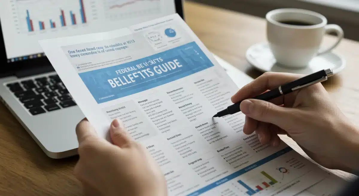 Hand highlighting key details in a federal benefits guide, emphasizing careful review.