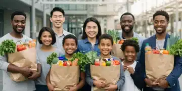 Families and individuals happily holding groceries, symbolizing increased SNAP benefits and food security in 2026.