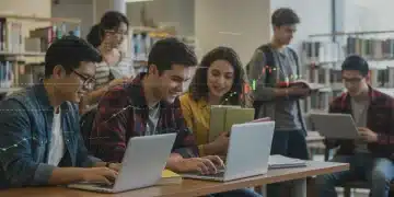 Students researching federal student aid changes on laptops in a library