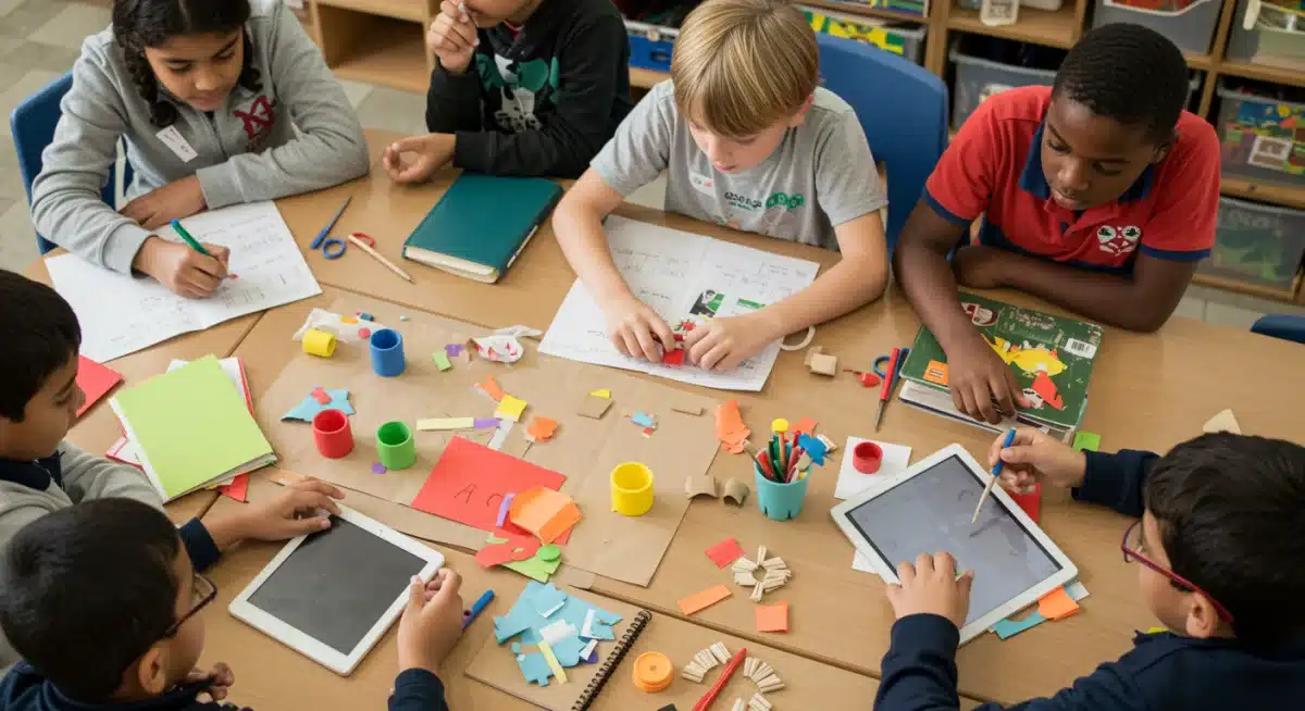 Students engaged in collaborative project-based learning, demonstrating multidisciplinary education.