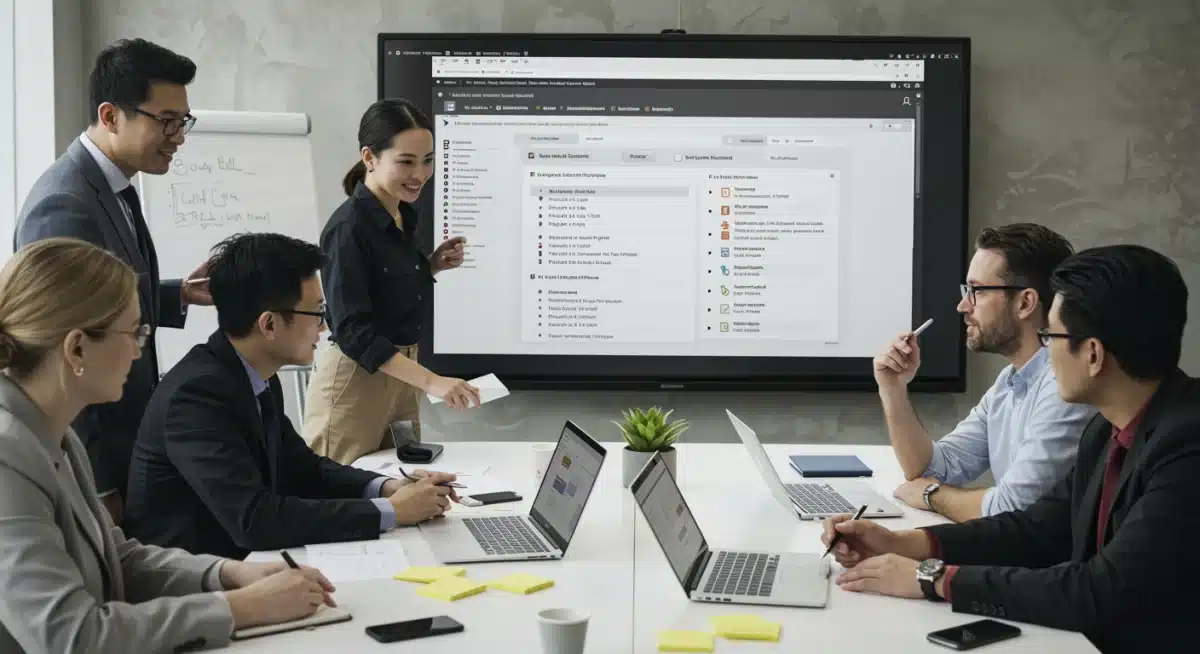 Business leaders and IT professionals reviewing cybersecurity compliance checklist in a meeting.