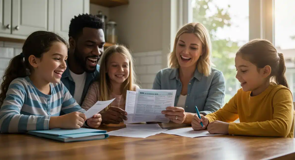 Happy family reviewing EITC tax documents