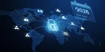 Digital padlock over US map with business icons, representing new federal cybersecurity mandates by Q3 2026.