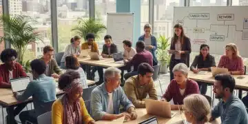 Job seekers collaborating and using technology to find employment in 2026.
