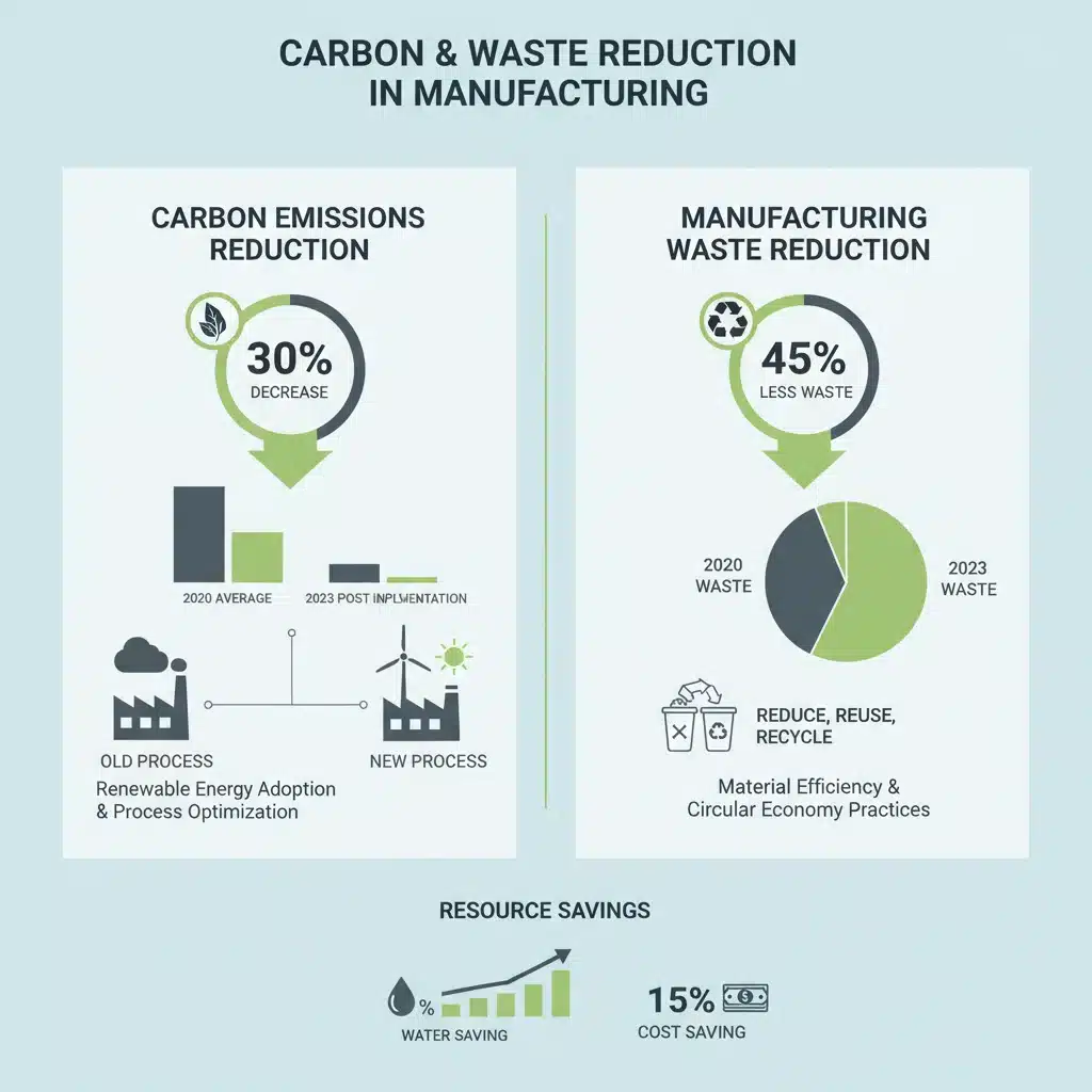 Infographic displaying carbon emission reduction in manufacturing