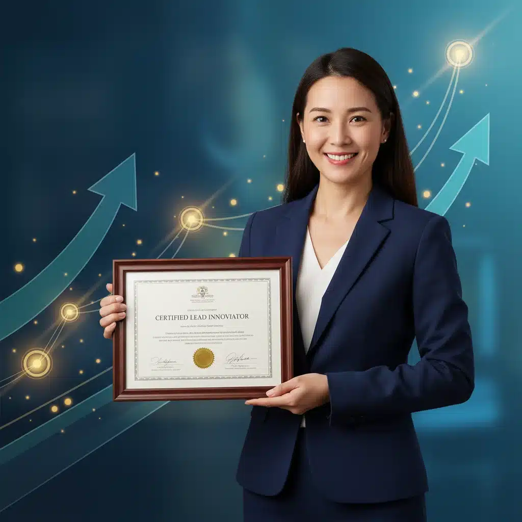 Individual proudly displaying a professional certification certificate