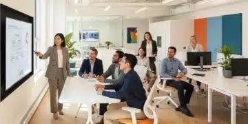 Diverse employees collaborating in a modern office, showcasing positive work environment