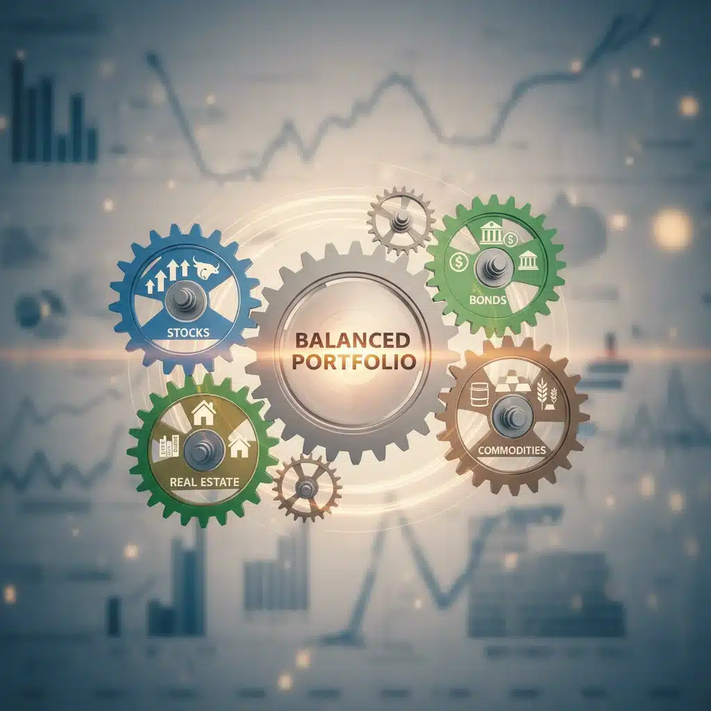 Diverse asset classes like stocks, bonds, and real estate, illustrating portfolio diversification.