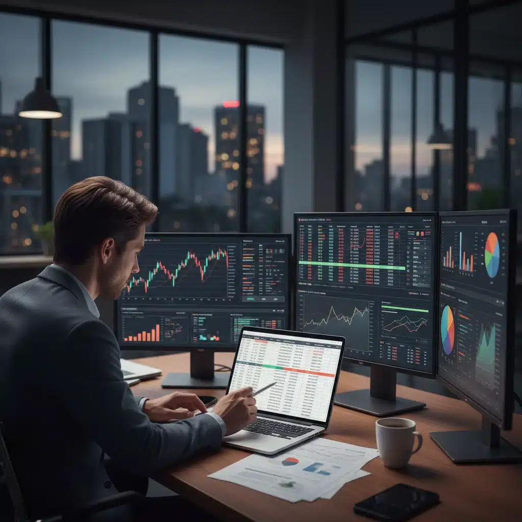 Detailed financial analysis on a laptop, showing risk assessment and strategic planning.