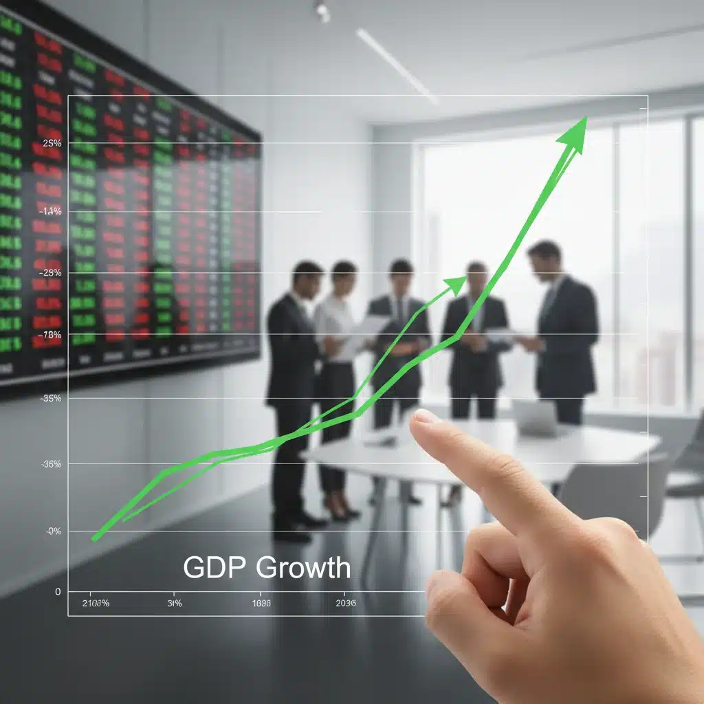 GDP growth chart on a digital screen with a hand pointing to an upward trend