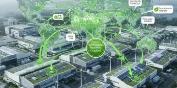 Illustration of interconnected green supply chain with manufacturing facilities