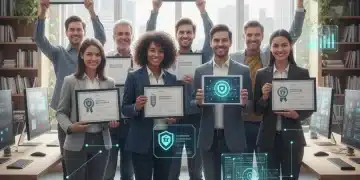 Professionals proudly displaying micro-credential certificates, symbolizing career growth and new skills.