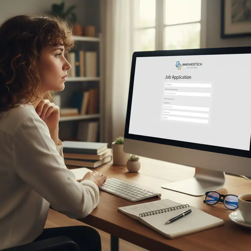 Individual carefully completing an online unemployment benefits application.