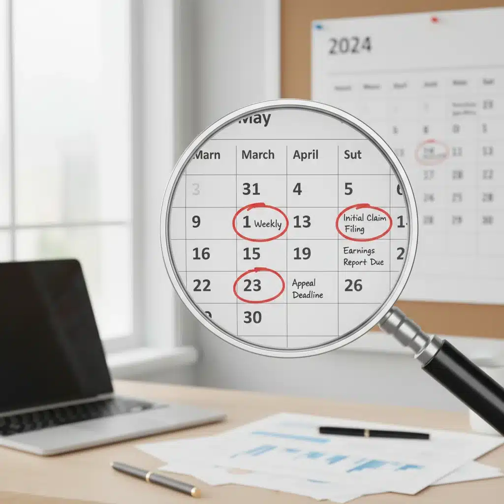 Calendar highlighting important deadlines for unemployment benefit claims and reporting.