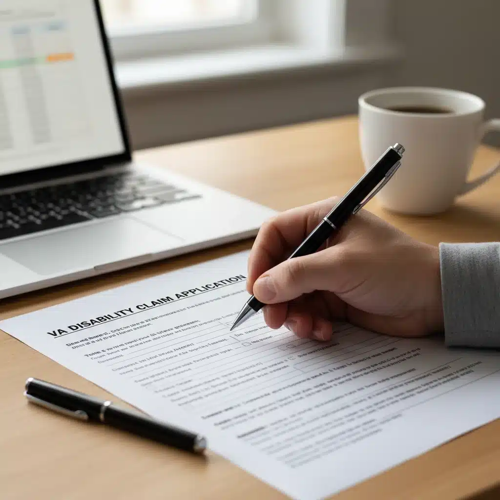 Hand filling out a VA disability claim application form.