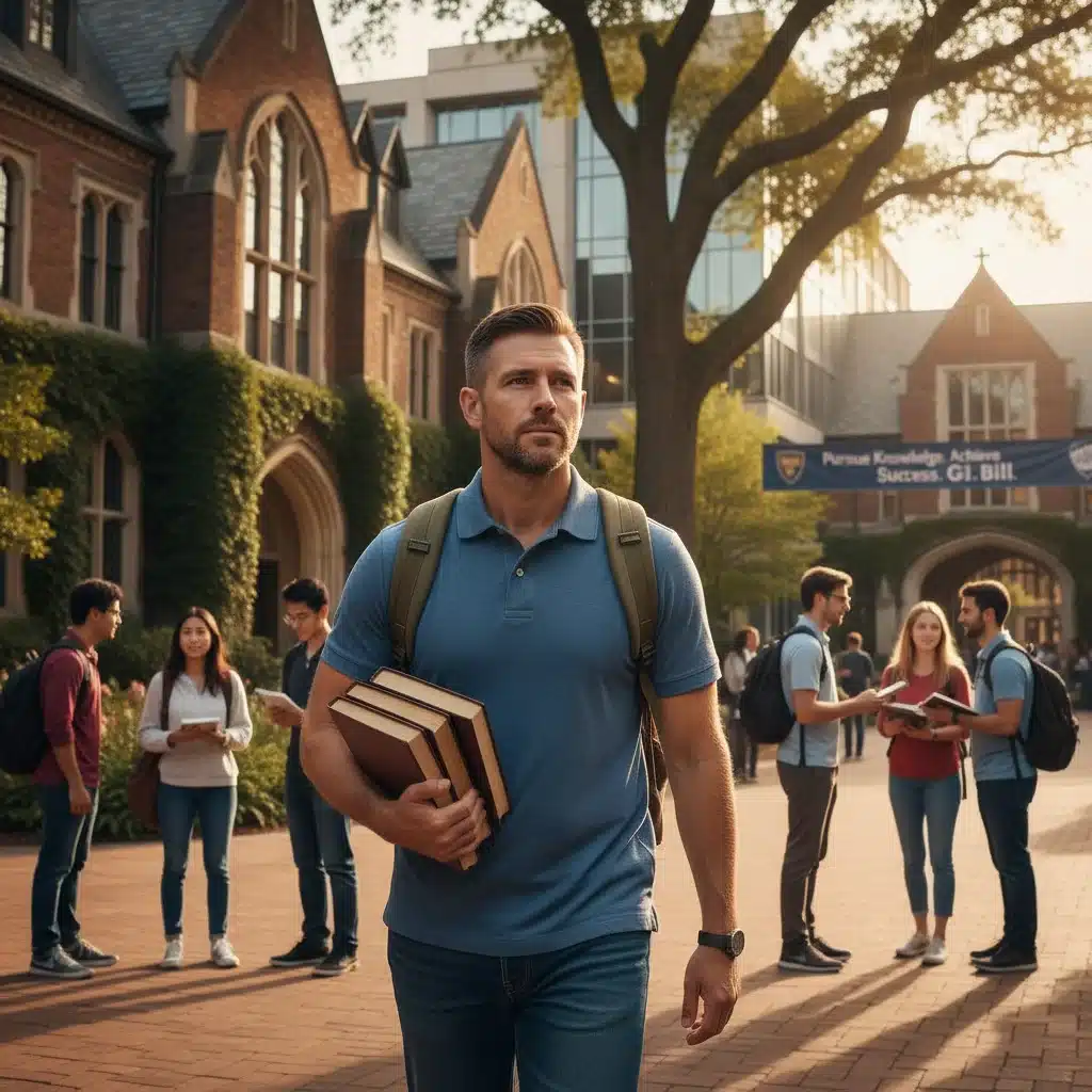 Veteran student walking on a college campus with books.